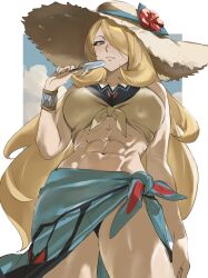 Rule 34 | 1girl, abs, absurdres, bikini, bikini under clothes, blonde hair, blue sarong, border, bracelet, breasts, closed mouth, crop top, cynthia (pokemon), cynthia (summer 2025) (pokemon), food, grey eyes, hat, highres, holding, holding food, holding popsicle, jewelry, large breasts, long hair, looking at viewer, nintendo, pokemon, pokemon masters ex, popsicle, sarong, shirt, simple background, solo, sun hat, sunlight, swimsuit, taiyang yu, thighs, tied shirt, toned, toned female, very long hair, white border