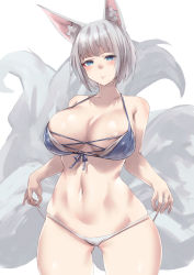 1girl alexi_oekaki animal_ears azur_lane bikini blue_bikini blue_eyes blush breasts cowboy_shot cross-laced_bikini cross-laced_clothes expressionless fox_ears fox_girl fox_tail front-tie_bikini_top front-tie_top groin head_tilt highres hip_focus kaga_(azur_lane) kaga_(everlasting_killing_stone)_(azur_lane) kitsune large_breasts looking_at_viewer medium_hair midriff multiple_tails navel official_alternate_costume pulling_own_clothes solo staring string_bikini string_pull swimsuit tail white_bikini white_hair