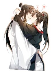 Rule 34 | 2boys, ahoge, bare shoulders, bishounen, black hair, black hanfu, blush, bound, bound wrists, brown hair, chinese clothes, closed eyes, closed mouth, couple, from side, hair tie, hand on another&#039;s hip, hand on another&#039;s shoulder, hanfu, heart, hickey, highres, hug, imminent kiss, jujeop, korean commentary, lan wangji, long hair, long sleeves, looking at another, male focus, modao zushi, multiple boys, off shoulder, pants, ponytail, profile, robe, sidelocks, simple background, smile, spoken heart, topknot, wei wuxian, white background, white hanfu, white pants, wide sleeves, xiao guan (headdress), yaoi, yellow eyes