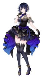 1girl :o ankle_garter arm_at_side black_gloves blue_eyes blue_hair breasts character_request dark_blue_hair dress female_focus frilled_dress frills full_body gloves hair_ornament halter_dress halterneck hand_up highres indie_virtual_youtuber looking_at_viewer mairo mary_janes medium_breasts open_mouth see-through_clothes shoes short_hair simple_background solo standing thighhighs virtual_youtuber white_background
