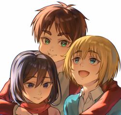 1boy 2boys aida_aot arm_around_shoulder armin_arlert black_hair blonde_hair blue_cardigan blue_eyes brown_hair brown_jacket cardigan child closed_mouth collared_shirt eren_yeager green_eyes grey_eyes hair_between_eyes highres jacket mikasa_ackerman multiple_boys open_mouth pink_cardigan red_scarf scarf shingeki_no_kyojin shirt short_hair smile upper_body white_background white_shirt