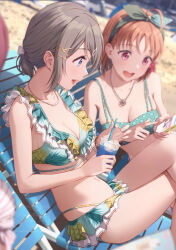3girls :d aqua_bikini beach bikini blue_bikini blurry blurry_background bow bow_hairband breasts chair cleavage collarbone commentary_request cup disposable_cup frilled_bikini frills green_bikini green_hairband hair_bow hair_ornament hairband highres holding holding_cup holding_phone large_breasts lounge_chair love_live! love_live!_sunshine!! medium_hair mismatched_bikini multiple_girls navel on_chair open_mouth orange_hair outdoors phone ponytail red_bow sakurauchi_riko shamakho short_ponytail smile solo_focus stomach swimsuit takami_chika watanabe_you watermark x_hair_ornament