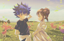 1boy 1girl aged_down blue_eyes blue_hair blush bright_pupils brown_eyes brown_hair closed_mouth clothes_around_waist cloud commentary_request day deerling dress field gen_5_pokemon grass hand_up highres hugh_(pokemon) kkodle2 looking_at_another nintendo outdoors pokemon pokemon_bw2 rosa_(pokemon) shirt short_hair short_sleeves spiked_hair sweatdrop t-shirt white_pupils