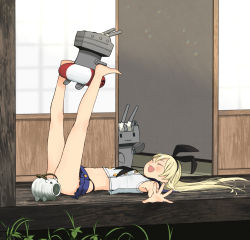 1girl annin_musou bad_id bad_twitter_id barefoot black_neckerchief black_panties blonde_hair blue_skirt closed_eyes crop_top highleg highleg_panties kantai_collection kayari_buta lifebuoy long_hair lying midriff miniskirt navel neckerchief on_back open_mouth panties pleated_skirt rensouhou-chan shimakaze_(kancolle) shirt shouji skirt sleeveless sleeveless_shirt sliding_doors smile solo swim_ring underwear veranda white_shirt