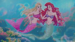 2girls ariel_(disney) barbie_(character) barbie_(franchise) barbie_in_a_mermaid_tale barbie_movies bikini blonde_hair blue_eyes breasts crop_top crossover curly_hair fins floral_print green_tail hand_on_another&#039;s_shoulder highres jewelry long_hair medium_breasts merliah_(barbie) mermaid monster_girl multicolored_hair multiple_girls navel necklace okitafuji pink_hair pink_shirt pink_tail red_hair shell shell_bikini shirt species_connection streaked_hair swimming swimsuit the_little_mermaid_(disney) underwater