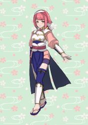 1girl arm_wrap asymmetrical_legwear cosplay e_m_a fire_emblem fire_emblem_fates hana_(fire_emblem) hana_(fire_emblem)_(cosplay) highres mismatched_legwear nintendo pink_eyes pink_hair sakura_(fire_emblem) shin_guards toeless_legwear uneven_legwear