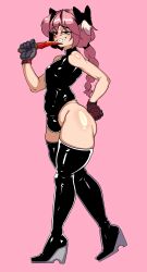 Rule 34 | 1boy, absurdres, astolfo (fate), black boots, black bow, black leotard, blush, boots, bow, braid, commentary, counter-strike (series), counter-strike 2, dagger, english commentary, fate (series), full body, grin, hair bow, highres, holding, holding dagger, holding knife, holding weapon, hugo (rushbordie), knife, latex, latex boots, latex leotard, leotard, long hair, looking at viewer, male focus, pink background, pink hair, simple background, single braid, smile, solo, thigh boots, walking, weapon