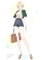 1girl bag bare_legs blonde_hair blue_eyes breasts brown_bag brown_shirt brown_shoes closed_mouth collarbone commentary_request commission cropped_jacket denim denim_shorts expressionless fingernails full_body handbag high-waist_shorts highres holding holding_bag jacket livetarica loafers long_legs medium_breasts original plaid_clothes plaid_jacket polka_dot polka_dot_background shirt shirt_tucked_in shoes shorts signature simple_background skeb_commission socks solo tall_female thighs watch white_background white_socks
