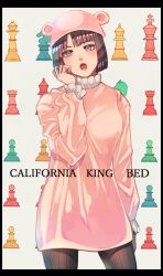 1girl animal_ears animal_hat araiguma_(gomipanda123) bishop_(chess) black_hair bob_cut brown_pantyhose character_name chess_piece cowboy_shot dress fake_animal_ears grey_eyes hat hat_with_ears higashikata_daiya highres jojo_no_kimyou_na_bouken jojolion king_(chess) knight_(chess) long_sleeves looking_at_viewer open_mouth pantyhose pink_dress pink_hat queen_(chess) rook_(chess) short_hair solo