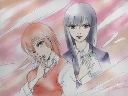Rule 34 | 2girls, black hair, blue eyes, blunt bangs, chono20190501, collared shirt, commentary request, dutch angle, long hair, looking at viewer, multiple girls, nami (one piece), nico robin, one eye closed, one piece, orange eyes, shirt, short hair, smile, sweater vest, upper body, white shirt
