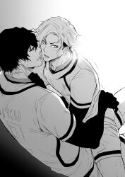 Rule 34 | 2boys, anal fingering, ass, blue lock, chuma a a, closed mouth, clothes pull, fingering, greyscale, highres, light blush, looking at another, male focus, male penetrated, monochrome, multiple boys, oliver aiku, open mouth, pants, pants pull, sendou shuuto, short hair, simple background, soccer uniform, sportswear, straddling, teeth, upright straddle, yaoi