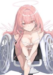 Rule 34 | 1girl, absurdres, angel, arknights, bra, breasts, collarbone, commentary request, detached wings, gloves, halo, highres, ken (shutenndouji1), leaning forward, lemuen (arknights), long hair, looking at viewer, medium breasts, panties, pink eyes, pink hair, simple background, solo, underwear, very long hair, wheelchair, white background, white bra, white gloves, white panties, wings