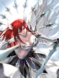 1girl armor bikini_armor breasts cleavage erza_scarlet fairy_tail floating floating_object floating_sword floating_weapon highres holding holding_sword holding_weapon large_breasts long_hair looking_at_viewer lower_teeth_only midriff multiple_swords navel official_alternate_costume open_mouth red_hair solo sword teeth usagi448 weapon weapon_formation