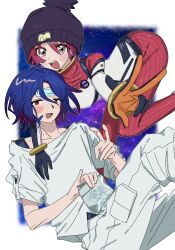 1boy 1girl absurdres amate_yuzuriha aqua_eyes beanie black_hat blue_hair blush bodysuit breasts cold_pack commentary fever gundam gundam_gquuuuuux hat highres long_sleeves looking_at_viewer mecha_pilot_suit multicolored_bodysuit multicolored_hair normal_suit_(gundam) open_mouth pants purple_hair red_eyes red_hair s2syu1s2 school_uniform science_fiction shirt short_hair shuji_ito sick smile sweater tank_top two-tone_hair