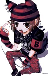 1girl animal_ear_headwear animal_ears arm_warmers armband black_footwear black_shirt brown_hair ear_piercing fake_animal_ears from_above full_body highres looking_at_viewer open_mouth original pants pepeppepe101 piercing plaid_clothes plaid_pants pointing pointing_at_self red_headwear red_pants shirt short_hair simple_background sitting solo striped_arm_warmers striped_clothes striped_headwear v-shaped_eyebrows white_background