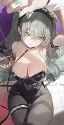 Rule 34 | 1girl, animal ears, arm garter, arm support, arm up, armpits, bare shoulders, black choker, black leotard, breasts, brown pantyhose, choker, cleavage, clothing cutout, commentary, covered navel, fake animal ears, foreshortening, from above, gradient hair, green eyes, green hair, green nails, grey hair, hair between eyes, hairband, heart, heart choker, heart cutout, highleg, highleg leotard, highres, large breasts, leash, leotard, long hair, looking at viewer, looking up, modare, multicolored hair, nail polish, navel cutout, on floor, original, pantyhose, playboy bunny, rabbit ears, sitting, smile, solo, strapless, strapless leotard, thigh gap, thigh strap, thighband pantyhose, tile floor, tiles, tongue, tongue out, two side up, v-shaped eyebrows, very long hair, wrist cuffs