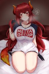 Rule 34 | 1girl, blush, breasts, cleavage, clothes writing, dola (nijisanji), dragon girl, dragon horns, embarrassed, fatetan, gloves, hair between eyes, hand in own hair, highres, horns, kunreishiki, large breasts, long hair, looking at viewer, nijisanji, on bed, partially fingerless gloves, raglan sleeves, red eyes, red hair, romaji text, seiza, shirt, sitting, socks, solo, spoken squiggle, squiggle, sugoi dekai, tail, thighs, virtual youtuber