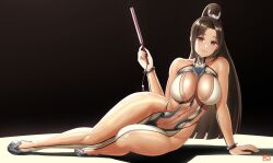 1girl artist_name black_background bodysuit brown_eyes brown_hair closed_mouth covered_collarbone covered_navel duplicate eve_(stellar_blade) eyebrows_hidden_by_hair eyes_visible_through_hair facing_viewer fatal_fury finalcake full_body hair_elastic hand_fan hand_on_ground high_ponytail highres holding holding_fan long_hair looking_at_viewer pixel-perfect_duplicate ponytail shiranui_mai signature smile solo stellar_blade swept_bangs the_king_of_fighters very_long_hair