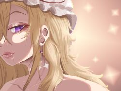 backlighting bags_under_eyes blonde_hair blood blood_from_mouth body_markings bonnet chain chain_earrings chromatic_aberration close-up earrings eyeshadow fang fang_out frilled_bonnet frills hovkinnie jewelry lips lipstick long_hair makeup mole nude portrait purple_eyes raised_eyebrow red_eyeshadow red_lips single_earring smile touhou white_bonnet yakumo_yukari