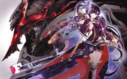 1girl armor black_hair blue_eyes boots breasts commentary_request english_text expressionless fantasy fire highres holding holding_sword holding_weapon huge_weapon jacket long_hair looking_at_viewer mecha original ponytail robot science_fiction short_shorts shorts small_breasts sumi_keiichi sword thigh_gap very_long_hair weapon