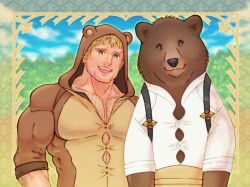 1boy abs animal_ears animal_hood bara bear bear_ears bear_hood blonde_hair bowandyarrows closed_mouth commentary cosplay english_commentary fire_emblem fire_emblem:_three_houses garreg_mach_monastery_uniform highres hood hood_up kigurumi looking_at_viewer male_focus muscular muscular_male nintendo open_mouth pectorals raphael_kirsten shirt smile sparse_chest_hair suspenders white_shirt