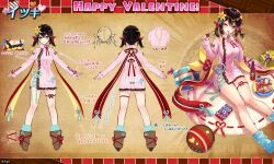 1girl aqua_socks box brown_background brown_footwear carpet character_name reference_sheet commentary_request cushion dress flower from_behind full_body gift gift_box hair_flower hair_ornament happy_valentine itsuki_(ta_ga_tame_no_alchemist) mikan_ame_(gumi) official_alternate_costume official_art one_eye_closed pink_sweater red_ribbon ribbon second-party_source side_slit simple_background sitting socks standing straight-on sweater sweater_dress ta_ga_tame_no_alchemist thigh_strap tongue tongue_out turtleneck turtleneck_sweater twintails yellow_flower