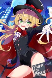 1girl black_cloak black_hat black_jacket black_leotard black_thighhighs blonde_hair boots bow bowtie building cane cloak commentary_request commission english_text flower full_moon furisuku_(gerbera) gem gloves green_eyes hat highres jacket leotard leotard_under_clothes long_hair moon night open_mouth original outdoors outstretched_arm phantom_thief phantom_thief_(kkmomo67) red_cloak rose shirt skeb_commission solo thank_you thigh_boots thighhighs thighs top_hat two-sided_cloak two-sided_fabric watermark white_gloves white_shirt
