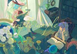 2girls alternate_costume black_shorts black_socks blue_hair book bookshelf dress hairband hat head_rest highres instrument long_hair long_sleeves looking_at_another lute_(instrument) medium_hair multiple_girls music neckerchief one_eye_closed open_book patchouli_knowledge pink_shirt playing_instrument purple_eyes purple_hair red_eyes red_neckerchief red_shoes remilia_scarlet sample_watermark shirt shoes short_sleeves shorts singing sitting socks table touhou watermark white_dress window xianyu_liang