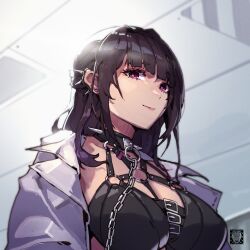 Rule 34 | 1girl, absurdres, bare shoulders, black hair, breasts, chain, chain leash, cleavage, closed mouth, coat, collar, collarbone, ear piercing, goddess of victory: nikke, highres, large breasts, leash, leather bikini, long hair, mar10, mihara (nikke), piercing, purple eyes, smile, solo, spiked collar, spikes, white coat