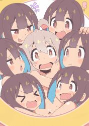 &gt;_&lt; +++ 6+girls :d :p :t absurdres ahoge bambi2000line blunt_bangs blush_stickers brown_eyes brown_hair clone colored_inner_hair commentary d: double-parted_bangs grey_hair group_hug hair_between_eyes hand_on_another&#039;s_head heart highres hozuki_momiji hug looking_at_another looking_at_viewer multicolored_hair multiple_girls navel nude onii-chan_wa_oshimai! open_mouth oyama_mahiro pout short_hair smile surrounded sweat tongue tongue_out two-tone_hair v-shaped_eyebrows wavy_mouth xd yuri