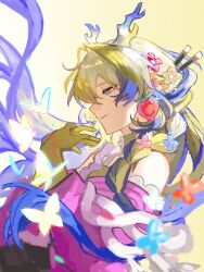 1girl absurdres arknights bare_shoulders blonde_hair blue_hair blurry bug butterfly chinese_commentary closed_mouth colored_extremities commentary_request dragon_girl dragon_horns earrings floating_hair flower frills fruit_earrings glowing_butterfly grey_eyes hair_between_eyes hair_flower hair_intakes hair_ornament half-closed_eye highres horns insect jacket jewelry kai_sai_lu_dan_tui_ren light_smile long_hair long_sleeves multicolored_hair off_shoulder official_alternate_costume own_hands_together pink_jacket profile shu_(arknights) shu_(spring_feast)_(arknights) solo white_hair yellow_background
