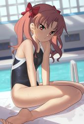 1girl absurdres black_one-piece_swimsuit blurry blurry_background blush brown_eyes brown_hair commentary competition_swimsuit dutch_angle english_commentary female_focus highres indoors long_hair looking_at_viewer one-piece_swimsuit pool pool_ladder shirai_kuroko sitting sleepy_frippy solo swimsuit thighs toaru_kagaku_no_railgun toaru_majutsu_no_index v_arms wariza