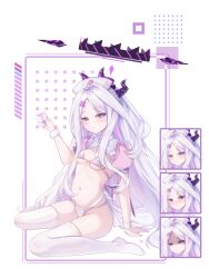 1girl absurdres ahoge black_halo blue_archive blush bra breasts demon_horns demon_wings halo hat highres hina_(blue_archive) horns long_hair looking_at_viewer navel negitail31 nurse nurse_cap panties purple_eyes sitting small_breasts solo thighhighs underwear white_hair white_thighhighs wings