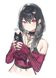 1girl absurdres bare_shoulders black_choker black_hair black_nails black_shirt braid camisole choker closed_mouth crop_top cropped_torso earrings hair_ornament hair_over_shoulder hairclip highres holding holding_phone jewelry kuroha_arya long_hair long_sleeves looking_at_viewer nail_polish navel necklace off-shoulder_shirt off_shoulder phone pink_eyes red_shirt shirt single_braid solo spaghetti_strap stomach undershirt virtual_youtuber vspo! vspo!_en ye_jji