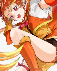 1boy absurdres arm_warmers asako_(itiba) black_hat boots brooch commentary cure_wing earrings gloves hat highres hirogaru_sky!_precure jewelry magical_boy mini_hat mini_top_hat multicolored_hair open_mouth orange_boots orange_gloves orange_hair orange_vest precure puffy_short_sleeves puffy_sleeves red_eyes shirt short_hair short_sleeves solo top_hat two-tone_hair two-tone_shorts vest white_background white_shirt wing_brooch yuunagi_tsubasa