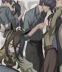 Rule 34 | 1boy, 1girl, absurdres, animal ears, ascot, black hair, black pants, blush, brown pants, closed mouth, green ascot, green shirt, grey shirt, hair between eyes, hand on another&#039;s chin, hand on another&#039;s neck, highres, holding another&#039;s wrist, horse ears, horse girl, horse tail, hug, kabedon, leogust, long bangs, long hair, manhattan cafe (umamusume), pants, pantyhose, parted lips, pov, purple hair, shirt, short hair, smile, sweat, tail, textless version, trainer (umamusume), umamusume, yellow eyes
