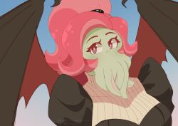 Rule 34 | 1girl, bat wings, black dress, breasts, catovyen, cthulhu mythos, dress, highres, large breasts, ln&#039;eta, looking at viewer, mouth tentacles, pink hair, solo, sucker for love, tentacle hair, wings