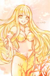 1girl air_bubble armlet bare_shoulders bead_bracelet beads bikini blonde_hair blunt_bangs blunt_ends bracelet breasts bubble coco_(mermaid_melody_pichi_pichi_pitch) coral cowboy_shot dappled_sunlight dot_nose earrings fins fish fish_tail grin highres jewelry lan_sing large_breasts light_particles lips long_hair low_neckline mermaid mermaid_melody_pichi_pichi_pitch monster_girl navel necklace offering_hand orange_background outstretched_hand shell shell_bikini shell_earrings shell_necklace signature smile solo stomach strapless strapless_bikini sunlight swimsuit tail tareme underwater very_long_hair wavy_hair yellow_bikini yellow_eyes yellow_tail