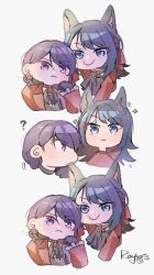 2girls ? animal_ears ascot bang_dream! bang_dream!_it&#039;s_mygo!!!!! black_ascot black_gloves black_hair blue_eyes brown_hair chinese_commentary closed_mouth coat commentary_request gloves highres mole mole_under_eye multiple_girls purple_eyes red_coat shiina_taki simple_background smile sparkle white_background wolf_ears yahata_umiri yoyoray20001996