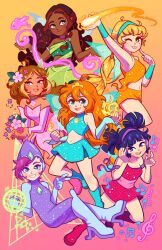 6+girls ahoge aisha_(winx_club) animification aqua_eyes arm_ribbon armlet asian asymmetrical_hair asymmetrical_shirt attack_trail bare_arms bare_shoulders blonde_hair bloom_(winx_club) blue_arm_warmers blue_boots blue_eyes blue_gloves blue_hair blue_hairband blue_shirt blue_skirt blue_wings blunt_bangs blunt_ends bodysuit boots bracer brown_hair chest_jewel choker clenched_hand closed_mouth commentary crop_top dark-skinned_female dark_skin dress elbow_gloves electricity electrokinesis english_commentary fairy fairy_wings finger_to_cheek fire fish flora_(winx_club) flower flying full_body gem gloves gold_tiara gradient_background green_choker green_gemstone green_shirt green_wings grin hair_between_eyes hair_flower hair_ornament hair_tie hairband hand_on_headphones happy headphones high_heel_boots high_heels highres hood hood_up hooded_bodysuit hydrokinesis jewelry leg_up leotard leotard_under_clothes light_blush lips listening long_hair low_twintails magical_girl midriff mini_tiara miniskirt multicolored_hair multiple_girls musa_(winx_club) musical_note navel neck_flower open_mouth orange_boots orange_hair orange_shirt orange_shorts outstretched_arm photokinesis pink_arm_warmers pink_background pink_dress pink_flower pink_hair pink_leotard pink_rose purple_bodysuit purple_choker purple_ribbon pyrokinesis red_boots red_shirt red_skirt ribbon rose shirt short_dress short_hair short_shorts short_twintails shorts sidelocks signature single_strap skirt skirt_set sleeveless sleeveless_shirt smile stella_(winx_club) strapless strapless_dress streaked_hair tareme tecna_(winx_club) teeth tiara tonestarr transparent_wings treble_clef turtleneck turtleneck_bodysuit turtleneck_shirt twintails two-tone_hair upper_teeth_only v very_dark_skin very_long_hair water wavy_hair wings winx_club yellow_background yellow_gemstone