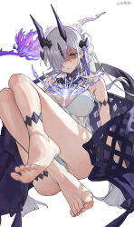 1girl absurdres arknights barefoot bikini breasts chinese_commentary clenched_teeth commentary_request feet full_body gn_tuituji green_eyes grimace hair_over_one_eye highres horns large_breasts long_hair looking_at_viewer nail_polish necrass_(arknights) necrass_(summer_flowers)_(arknights) official_alternate_costume one_eye_covered partially_shaded_face purple_horns purple_nails red_pupils simple_background soles solo swimsuit teeth toenail_polish toenails toes variant_set white_background white_bikini white_hair