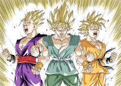 Rule 34 | 3boys, black sash, blonde hair, blue shirt, brothers, chinese clothes, clenched hands, cowboy shot, dougi, dragon ball, dragonball z, father and son, forest 1988, goku day, green eyes, green jacket, green pants, group picture, highres, jacket, looking at viewer, male focus, medium hair, multiple boys, muscular, muscular male, open mouth, orange pants, orange tunic, pants, purple shirt, red sash, sash, screaming, shirt, short hair, short sleeves, siblings, sleeveless, sleeveless shirt, son gohan, son goku, son goten, spiked hair, super saiyan, super saiyan 1, teeth, tunic, v-neck, white sash