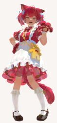 Rule 34 | 1girl, absurdres, ahoge, akami karubi, animal bag, animal ears, animal hands, apron, bag, black shoes, blue eyes, bow, bow choker, bowtie, choker, crazy raccoon, dress, full body, gloves, hair ribbon, hand on own hip, hand up, highres, kneehighs, looking at viewer, mary janes, medium hair, namatofu, paw gloves, paw print, puffy short sleeves, puffy sleeves, raccoon ears, raccoon girl, red bow, red bowtie, red dress, red gloves, red hair, ribbon, shoes, short sleeves, shoulder bag, simple background, smile, socks, solo, standing, twintails, virtual youtuber, white apron, white background, white socks, yellow bag