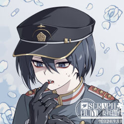 1boy bags_under_eyes black_gloves black_hat blue_eyes blue_jacket buttons check_copyright chinese_commentary collared_jacket commentary_request copyright_request drooling ewa_(seraphhuiyu) flower gloves grey_background grey_hair hair_between_eyes hat high_collar holding holding_pill jacket jewelry long_sleeves looking_down male_focus military_hat military_uniform multiple_rings open_mouth original pale_skin peaked_cap petals ring rose rose_petals sample_watermark short_hair solo star_(symbol) sweat teeth upper_body upper_teeth_only watermark weibo_watermark white_flower white_rose