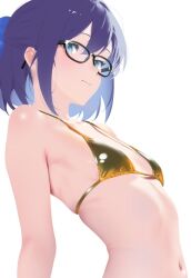 1girl a-chan_(hololive) alternate_costume armpit_crease bikini black-framed_eyewear blue_bow blue_eyes bow breasts closed_mouth cohi27151463 commentary double-parted_bangs from_side glasses gold_bikini hair_between_eyes hair_bow hololive light_smile looking_at_viewer navel purple_hair short_hair simple_background small_breasts solo swimsuit upper_body virtual_youtuber white_background