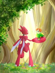 1girl 1other absurdres arm_at_side artist_name bellossom blue_eyes blush_stickers colored_skin day eye_contact flat_chest flower forest from_behind furry gen_2_pokemon grass green_skin hair_flower hair_ornament hand_up happy highres insect_wings kurimaro light_rays looking_at_another monster_girl nature nintendo open_mouth outdoors petals plant_girl pokemon pokemon_(creature) red_flower red_skin scizor signature smile sunlight tree twitter_username wings yellow_eyes
