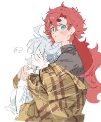 2girls blush closed_eyes closed_mouth commentary_request gundam gundam_suisei_no_majo hug hug_from_behind korean_commentary long_hair looking_at_viewer miorine_rembran multiple_girls red_hair seza_(enlwnaos) simple_background sleeping speech_bubble spoken_zzz suletta_mercury white_background white_hair yuri zzz