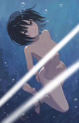 1girl air_bubble amagami asphyxiation ball_and_chain_restraint black_eyes black_hair blue_one-piece_swimsuit botan_m bound bound_wrists breasts bubble closed_mouth commentary_request completely_nude drowning full_body highres holding_breath light_censor nanasaki_ai nude one-piece_swimsuit paid_reward_available restrained short_hair sinking small_breasts soles solo struggling submerged swimsuit underwater water