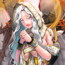 1girl angel angel_girl angel_wings bandeau bracelet breasts bumcha collar crying female_focus forehead game_cg hood hot jewelry large_breasts last_origin long_hair looking_away official_art open_mouth own_hands_clasped own_hands_together purple_eyes ramiel_(last_origin) revealing_clothes sweat sweatdrop tears torn_clothes underboob upper_body wavy_hair white_hair white_wings wings
