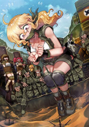 3girls 6+boys bandana bdsm black_panties blonde_hair bondage boots bound bound_ankles bound_arms brown_eyes brown_hair captured day defeat explosive fio_germi gagged green_vest highres hip_vent imminent_death kaneeru kasamoto_eri knee_pads metal_slug military_uniform mine_(weapon) multiple_boys multiple_girls nadia_cassel outdoors panties panty_peek peril prisoner_of_war_(metal_slug) rebel_soldier_(metal_slug) red_hair sand shorts snk underwear variant_set vest